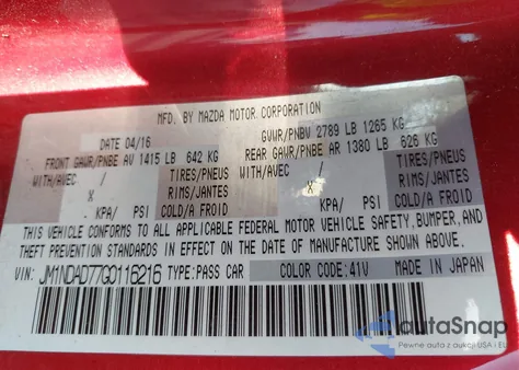 2016 Mazda Mx-5 Miata Grand Touring from USA, damaged, VIN JM1NDAD77G0116216